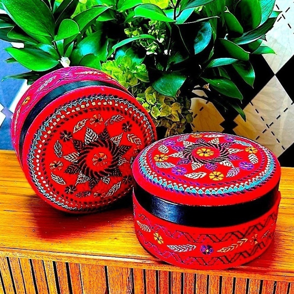 Vintage Embroidered Fabric Boxes Pair| Hand-Stitched Red Textile Trinket Box Set